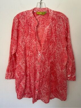 Rock Flower Paper Red White Geometric Print Button Front Tunic Top Size Medium